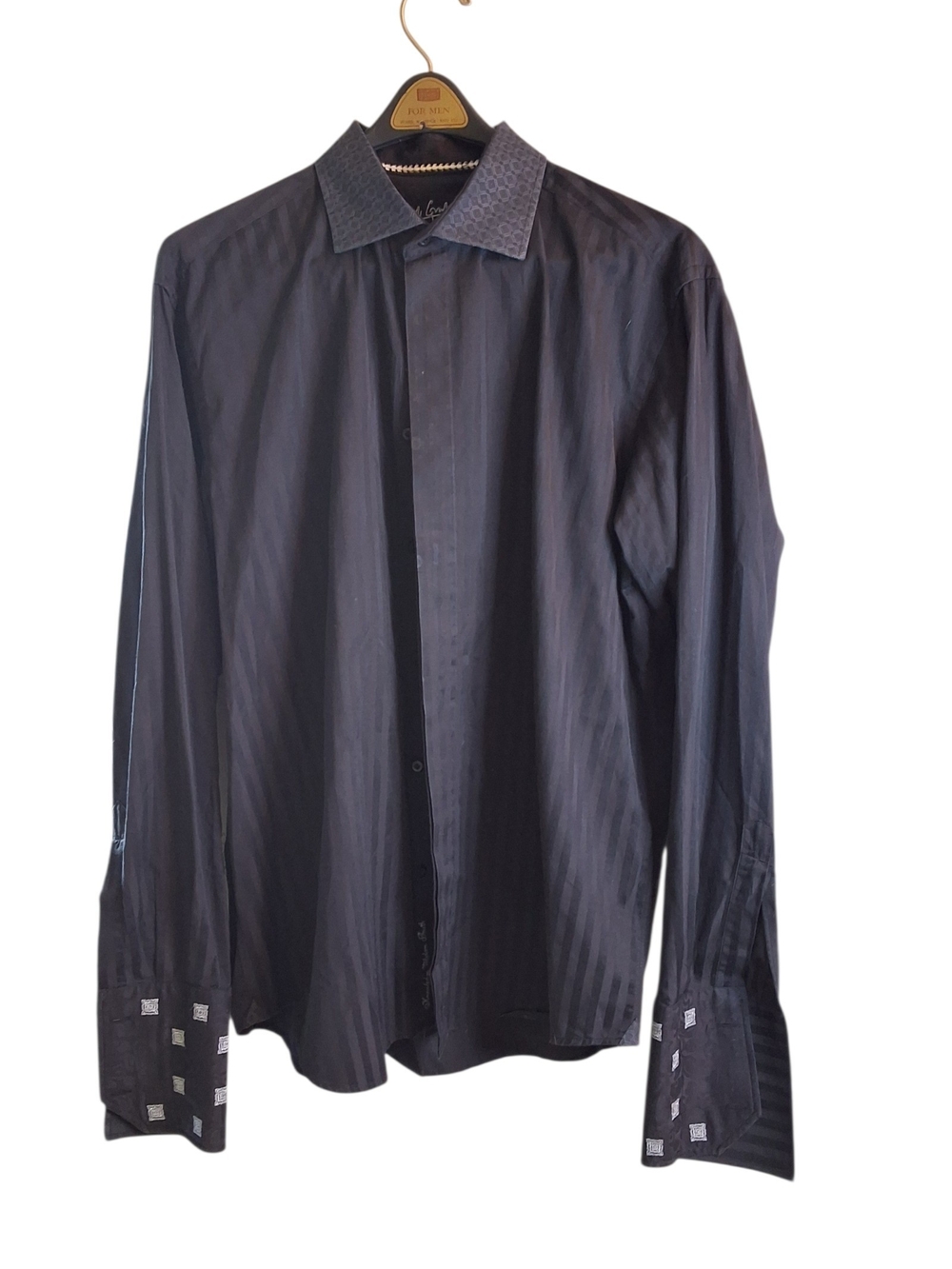 Robert Graham Black Long-Sleeve Dress Shirt with Patterned Collar XL
